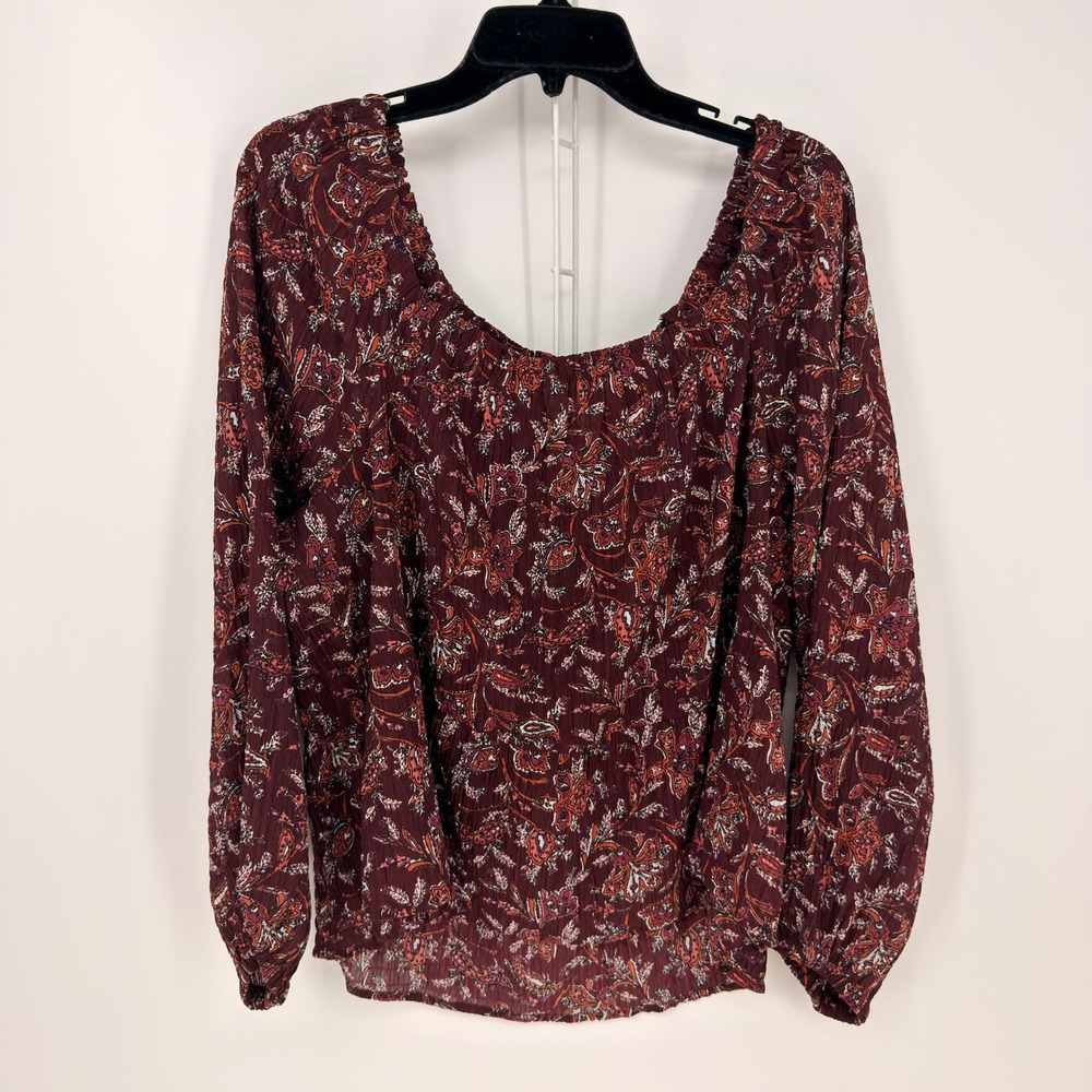 LOFT Blouse Womens Large Burgundy Paisley Floral Smocked Boho Peplum Top BOHO
